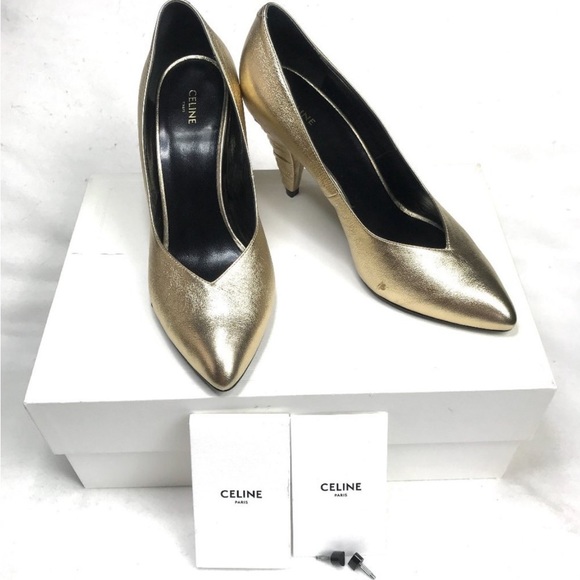 NEW AUC Celine gold vamp triangle rushed heels - Picture 11 of 11